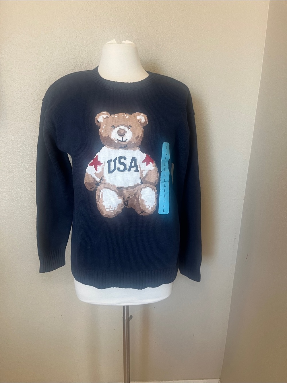 NWT Mighty Fine Navy blue knit Crewneck Sweater with Teddy Bear USA Graphic